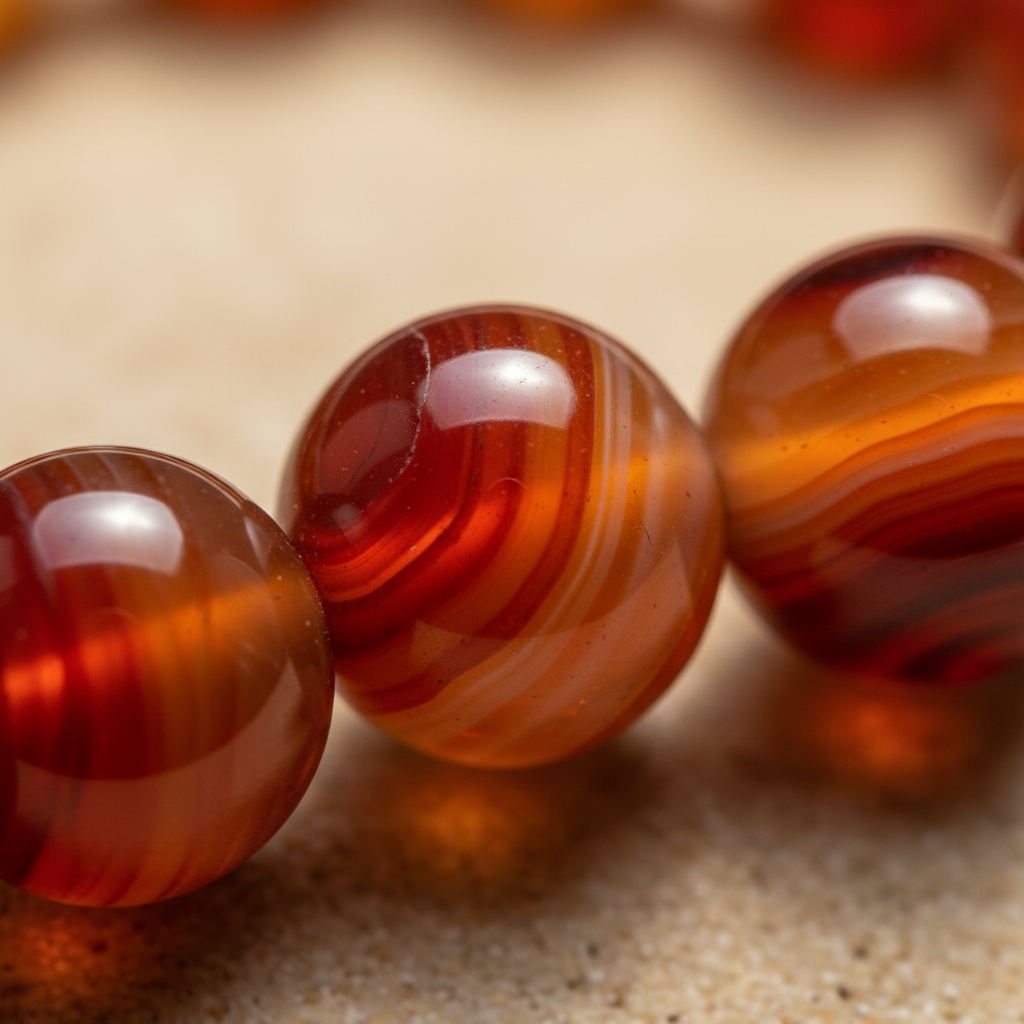 Close-up of Agate 8mm bracelet beads showing rich banded red and amber stone with natural translucent quality — Prana Blessings