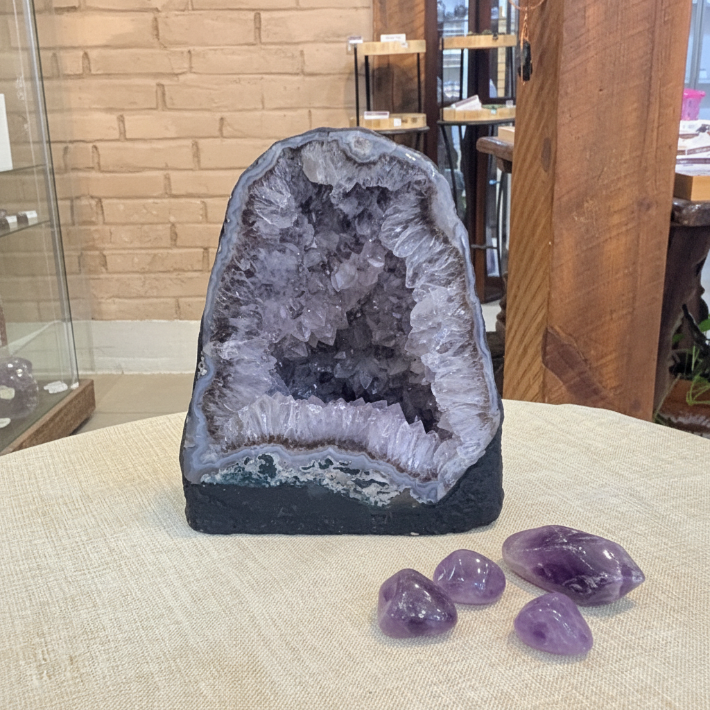 AC3 natural Amethyst Cathedral with violet crystal interior displayed in a calm styled setting