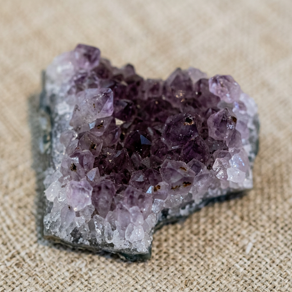 Small Amethyst cluster showing purple crystal points close-up
