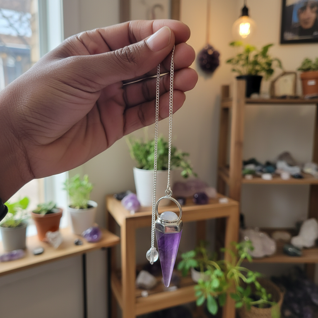 Amethyst and Moonstone pendulum displayed for divination and reflection