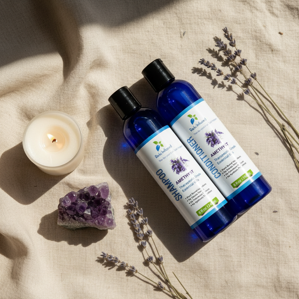 Amethyst Lavender Shampoo and Conditioner bundle in a styled flat lay
