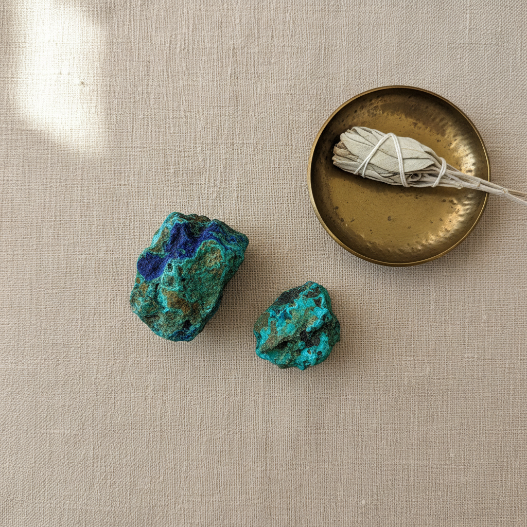 Azurite Malachite natural crystal displayed in a calm styled setting
