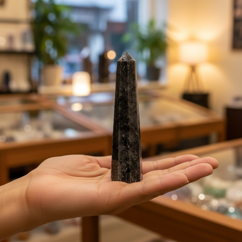 Black Tourmaline obelisk displayed upright in a neutral lifestyle setting
