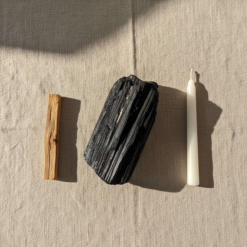 Black Tourmaline Rods natural crystal displayed in a calm styled setting