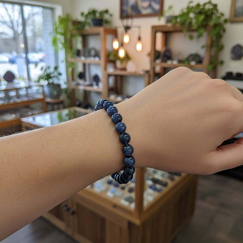 Blue Kyanite 8mm beaded bracelet styled for everyday wear