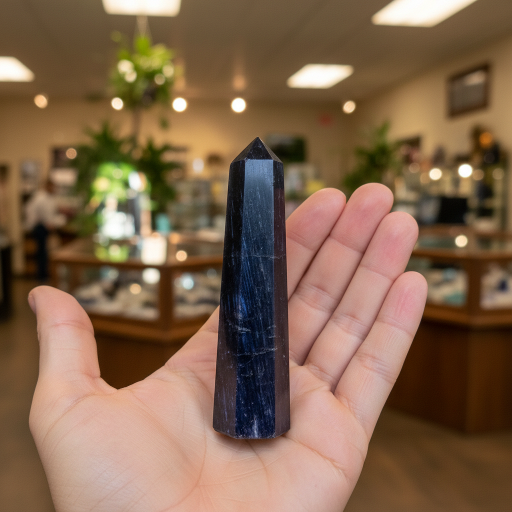 Blue Kyanite obelisk displayed upright in a neutral lifestyle setting