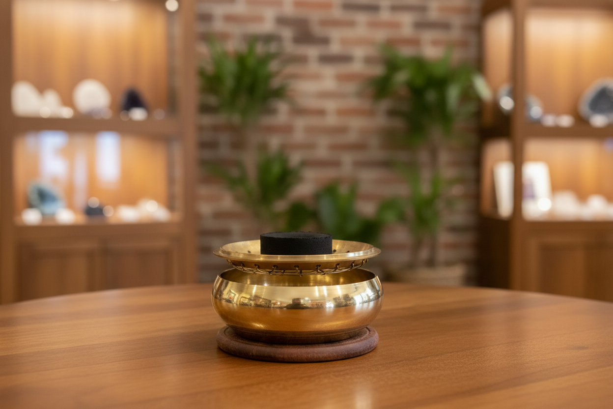 Brass charcoal burner with the screen inverted to hold a charcoal disc