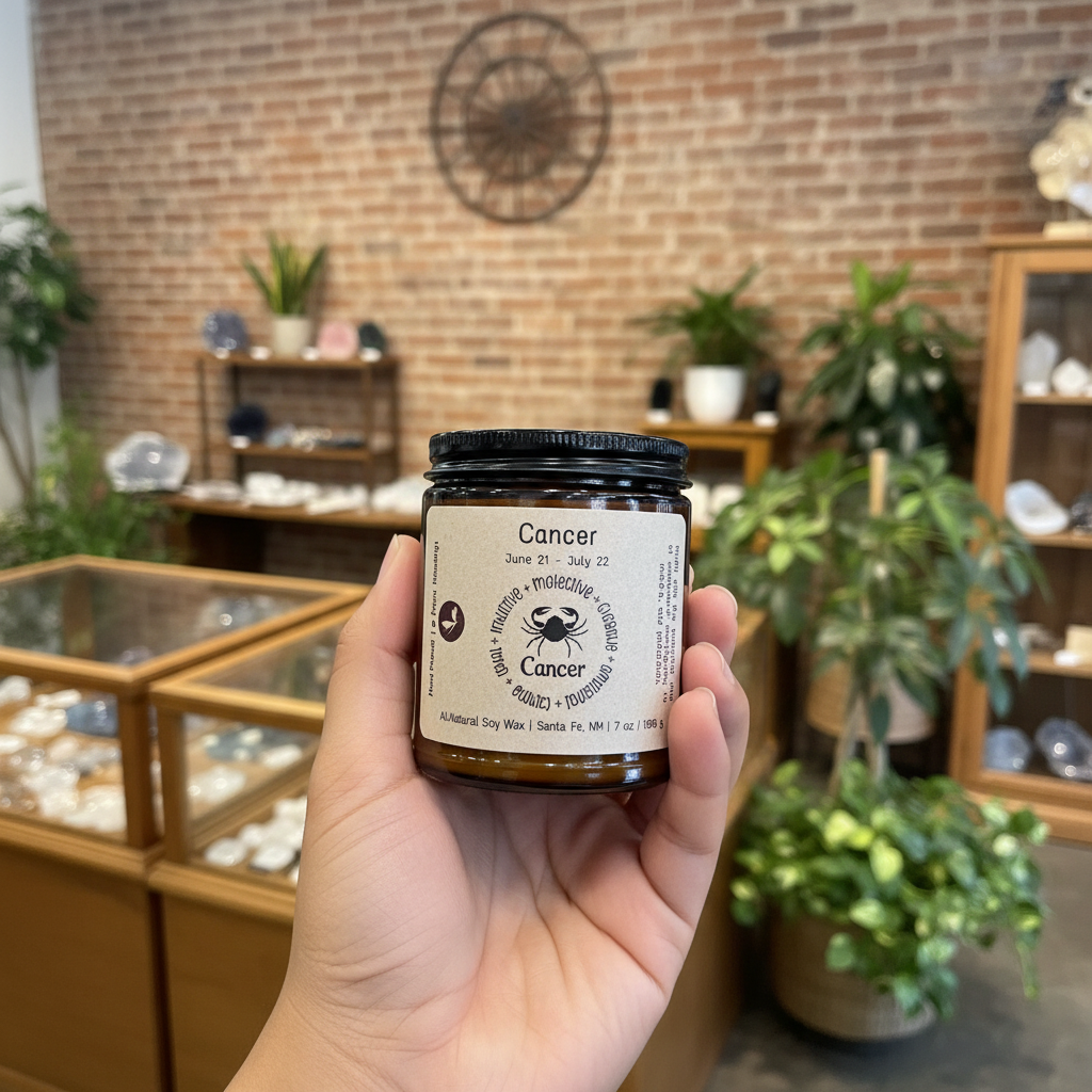 Lit Cancer Zodiac Candle styled in a warm lifestyle setting