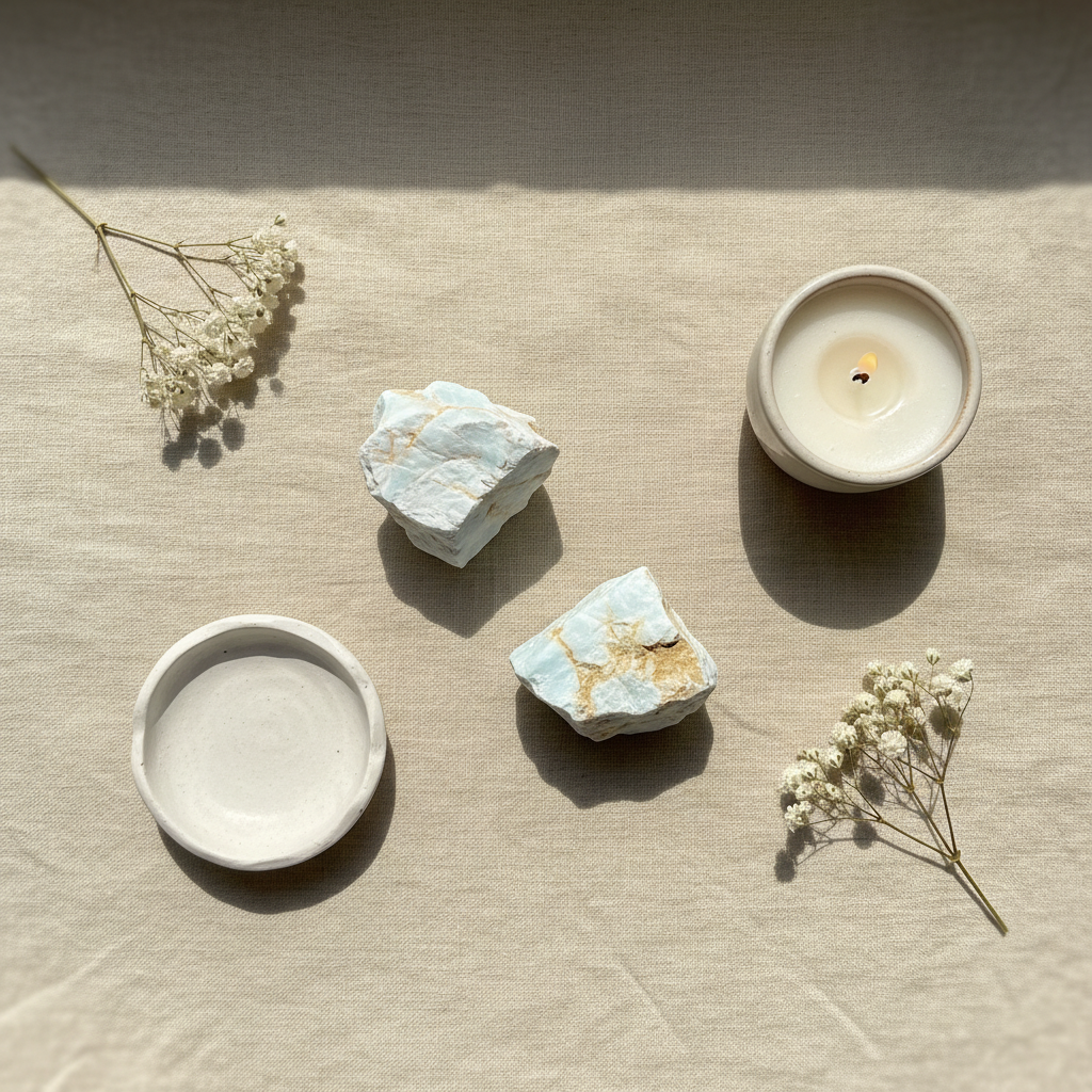 Rough Caribbean Blue Calcite – Stone of Higher Awareness & Lucid Dreams natural crystal displayed in a calm styled setting