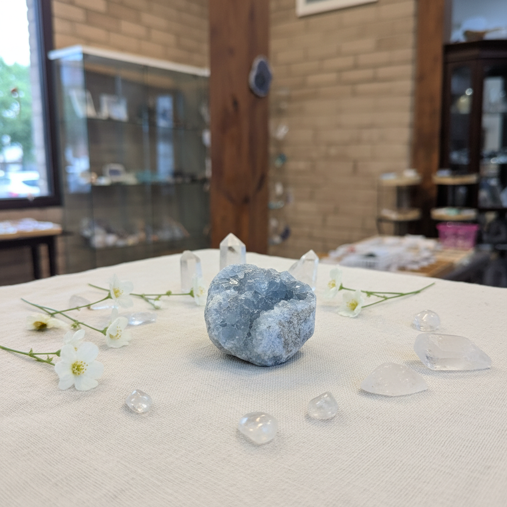 Soft blue Celestite cluster from Madagascar, approximately 2–3 inches displayed in a calm styled setting