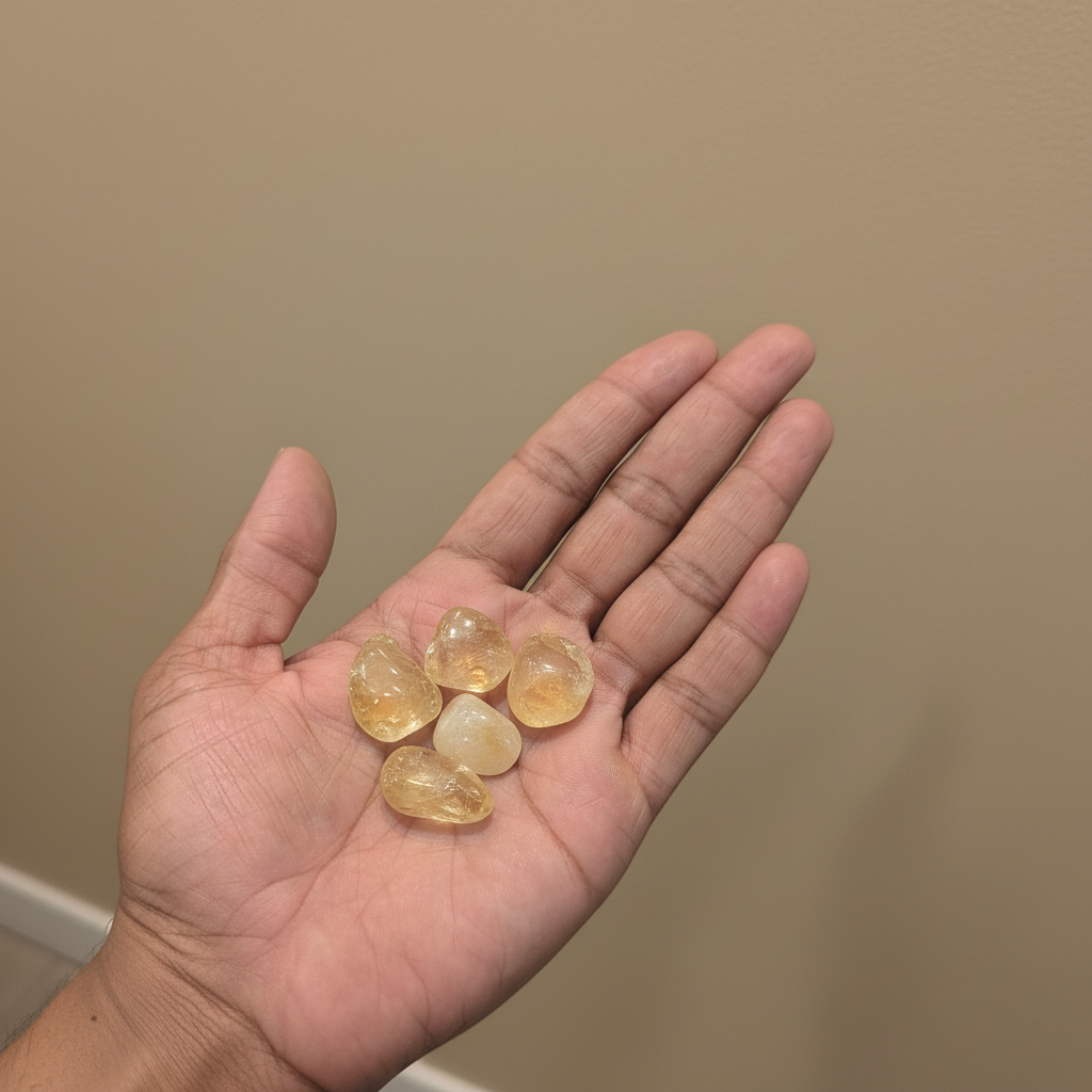 Polished golden-yellow citrine tumbled stones held in an open hand, showing their size and natural color variation.