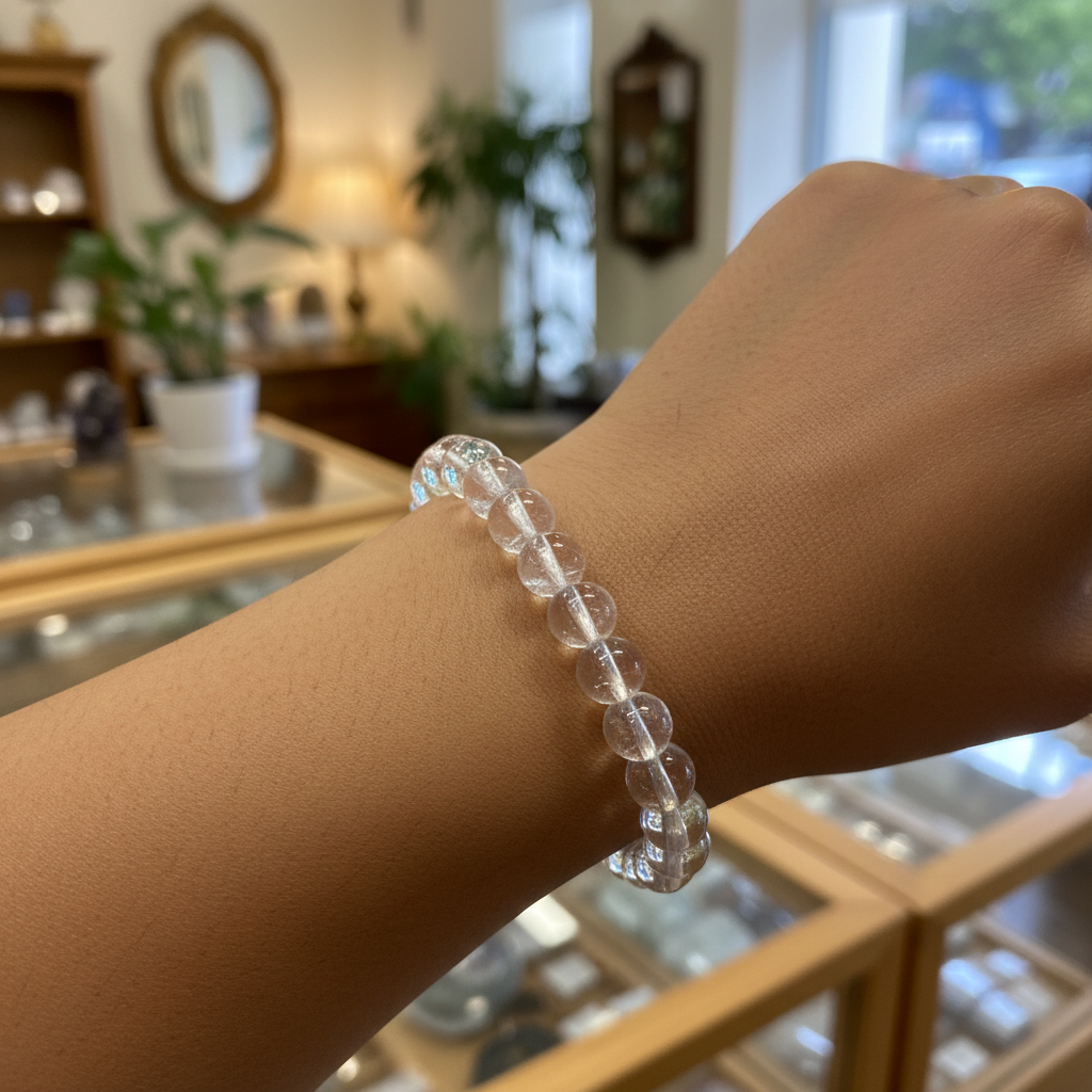Clear Quartz 8mm beaded bracelet styled for everyday wear