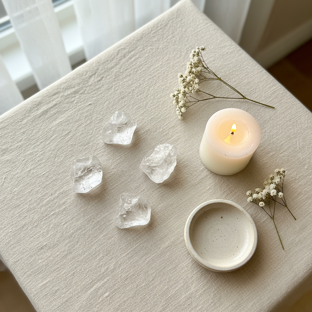 Rough Clear Quartz Chunks displayed in a calm styled setting