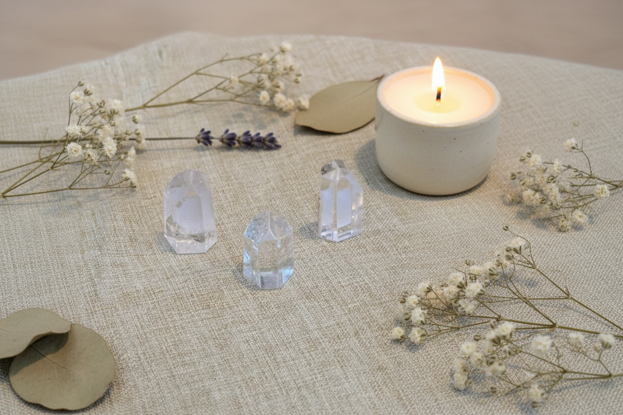Clear Quartz Points 1" - 2" displayed in a calm styled setting