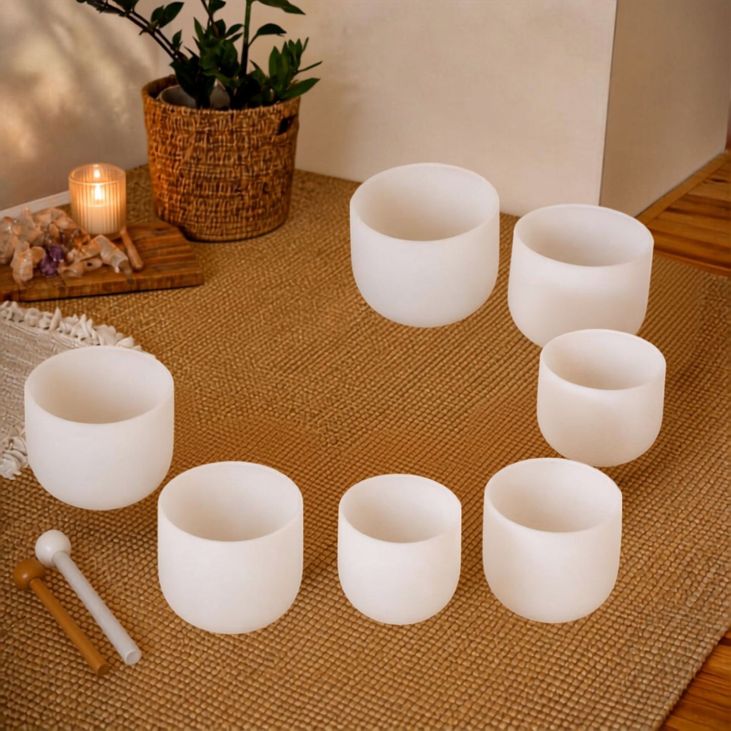 Seven frosted quartz crystal singing bowls arranged for sound practice at Prana Blessings