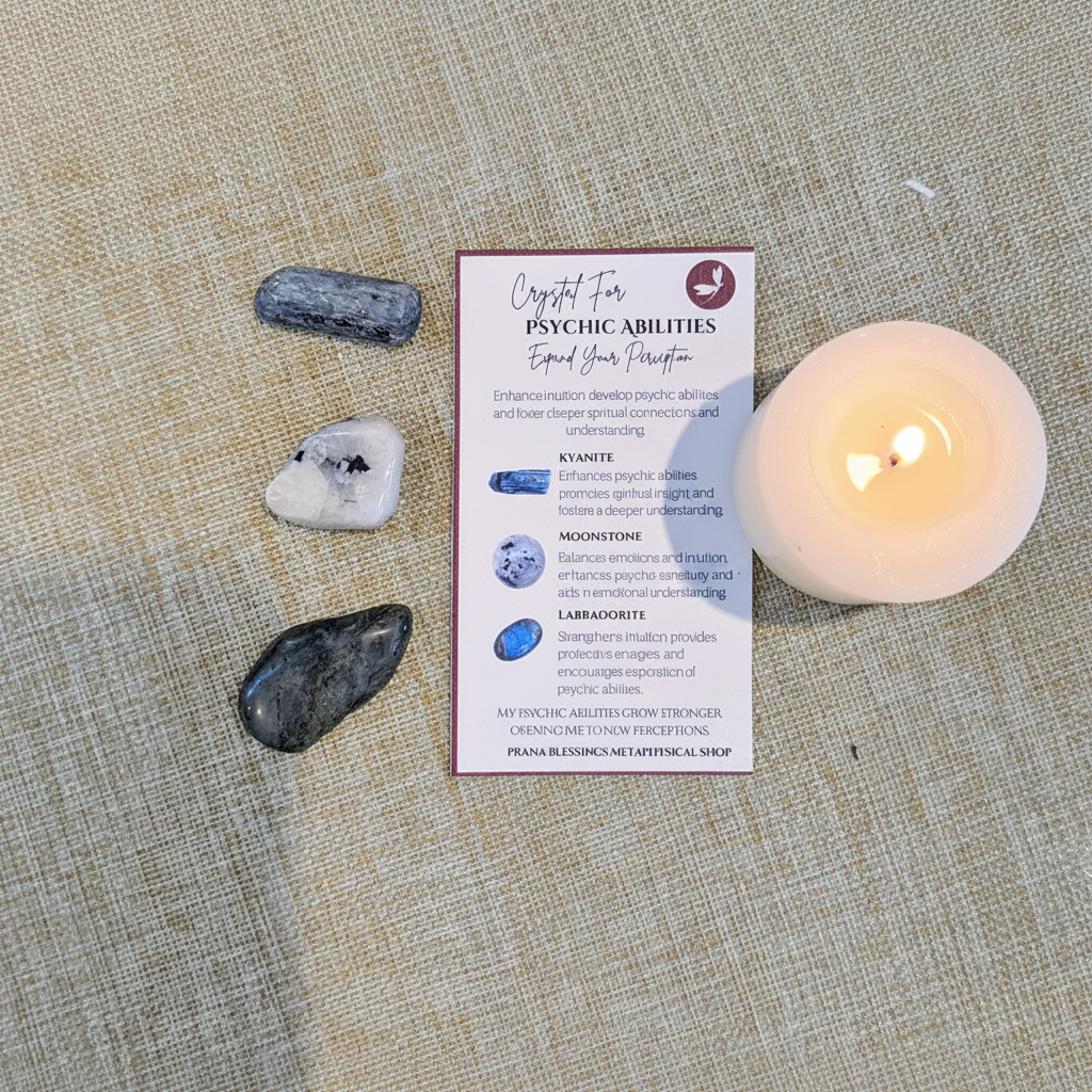 Intuition crystal bundle arranged with Kyanite, Moonstone, and Labradorite