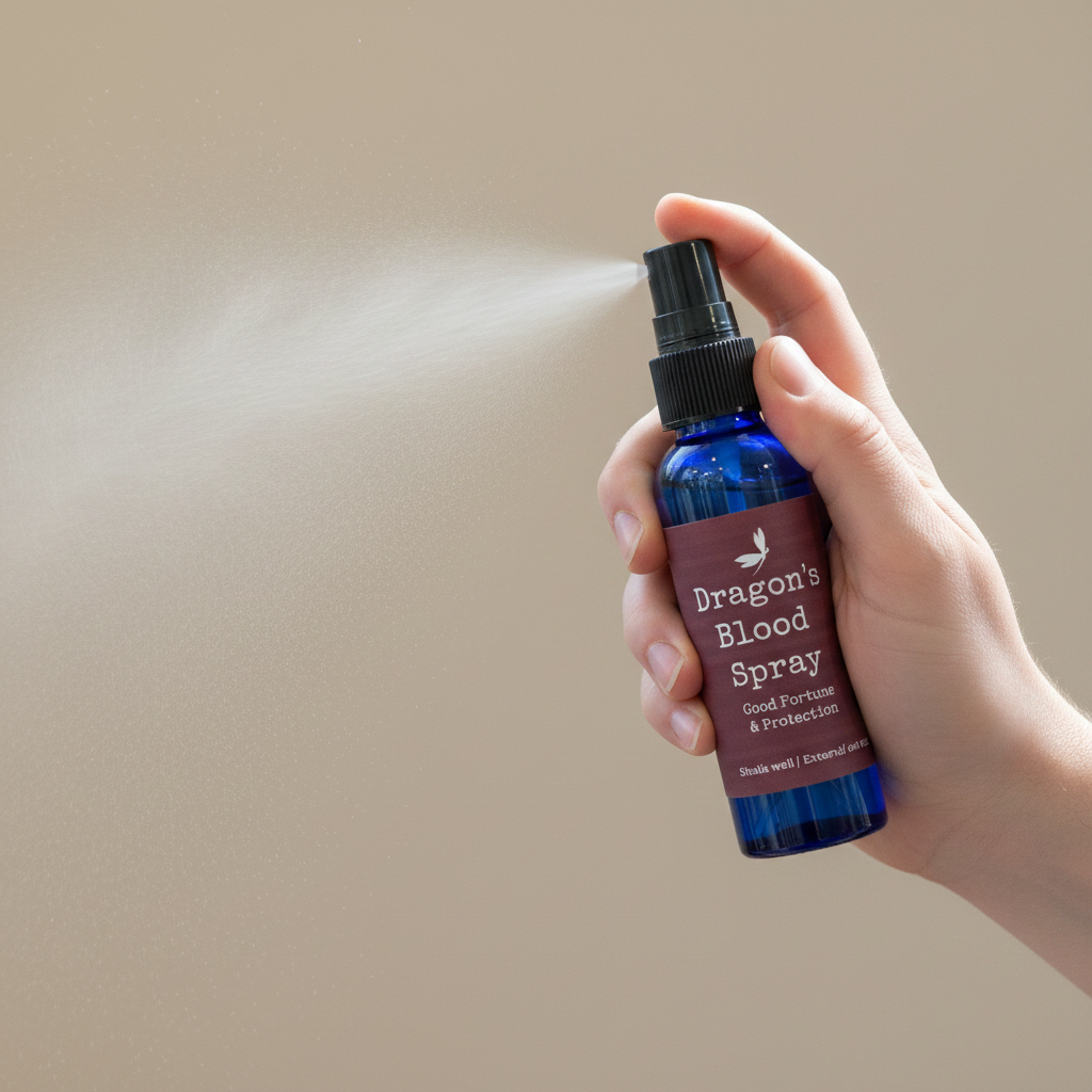 Hand holding Dragon's Blood spray bottle misting into the air