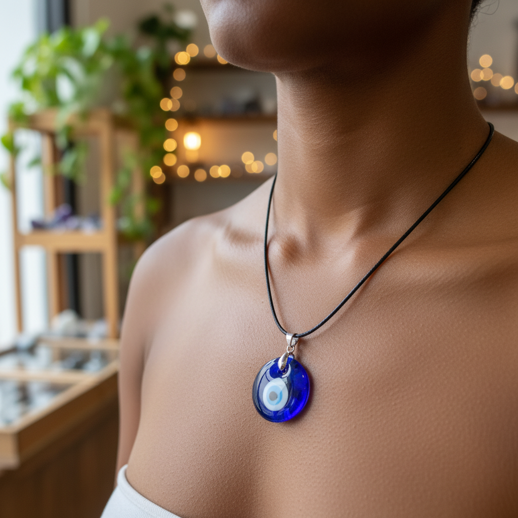 Glass Evil Eye pendant displayed in a styled setting