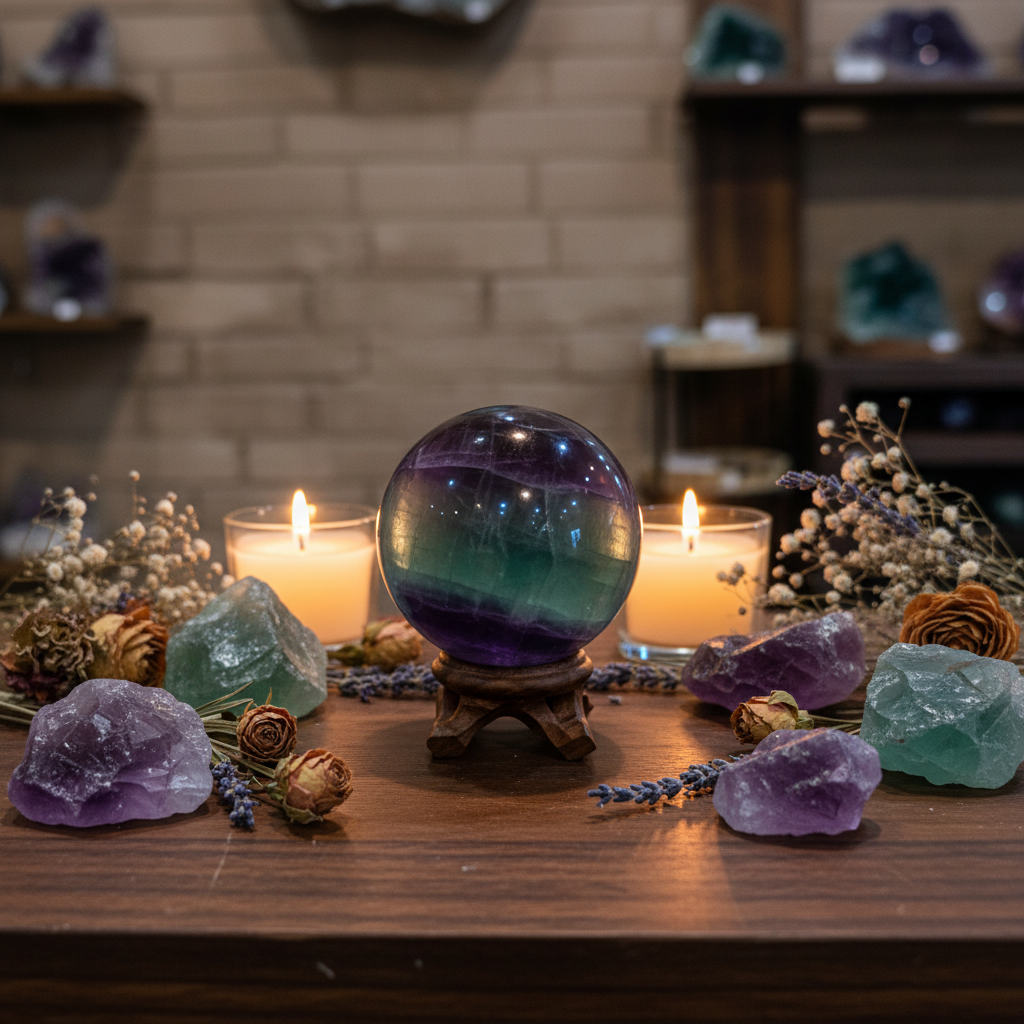 Polished 35mm multicolor Fluorite sphere displayed in a calm styled setting