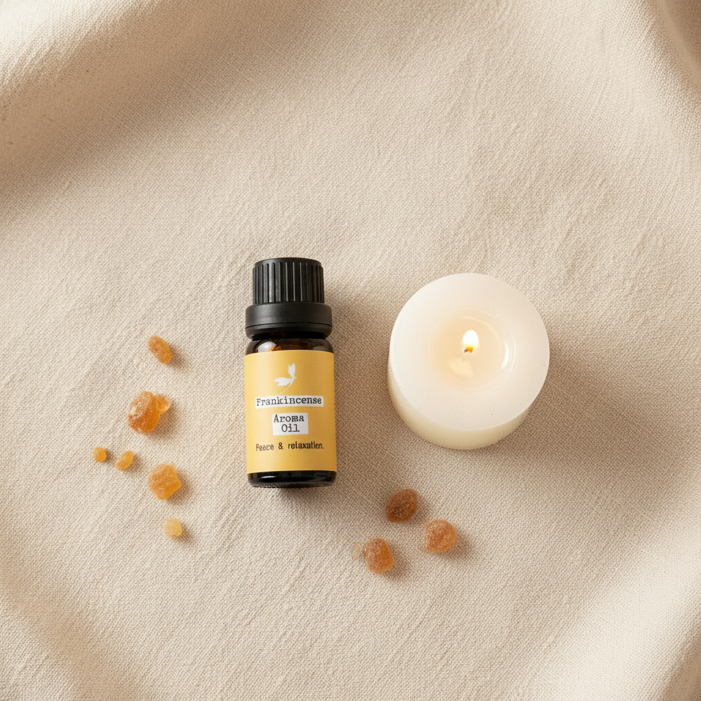 Overhead flat-lay view of Prana Blessings Frankincense Aroma Oil 10 mL bottle