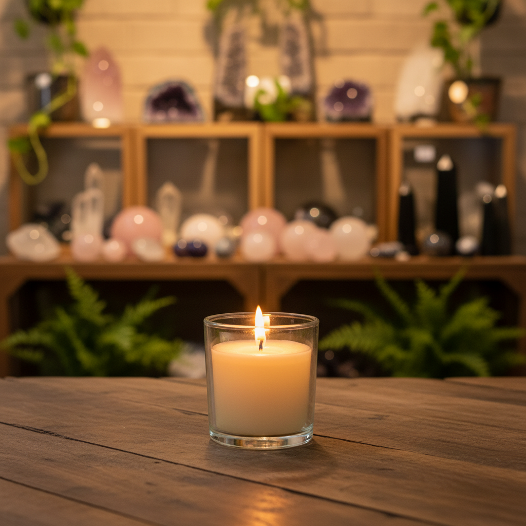 Lit votive candle glowing inside a clear glass holder