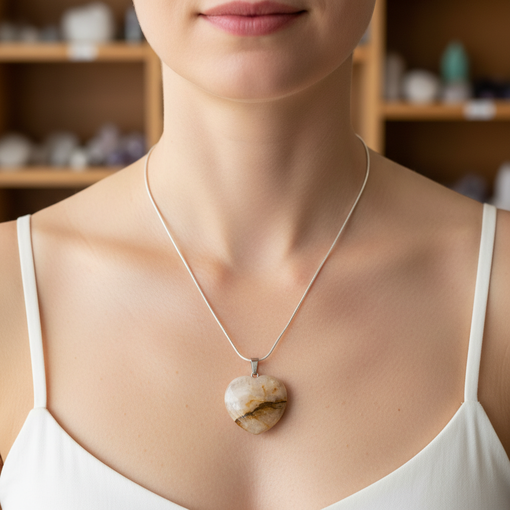Golden Healer Quartz heart pendant displayed in a styled setting