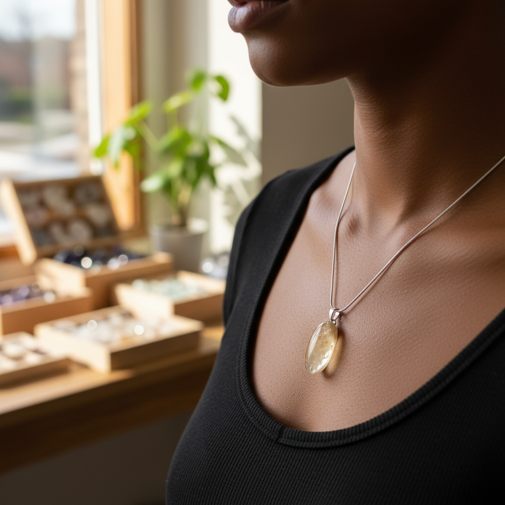 Golden Healer Quartz pendant displayed in a styled setting