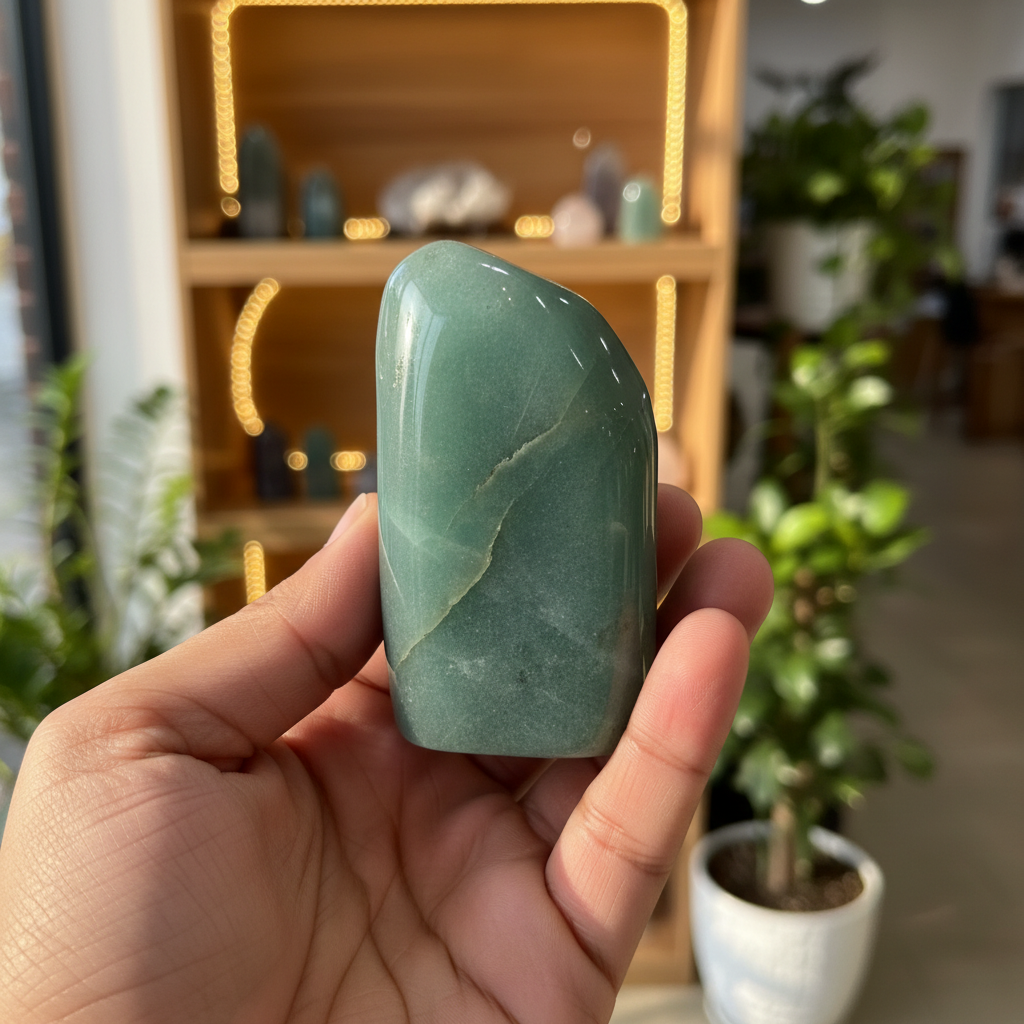 Green Aventurine free-form crystal displayed upright in a simple lifestyle setting