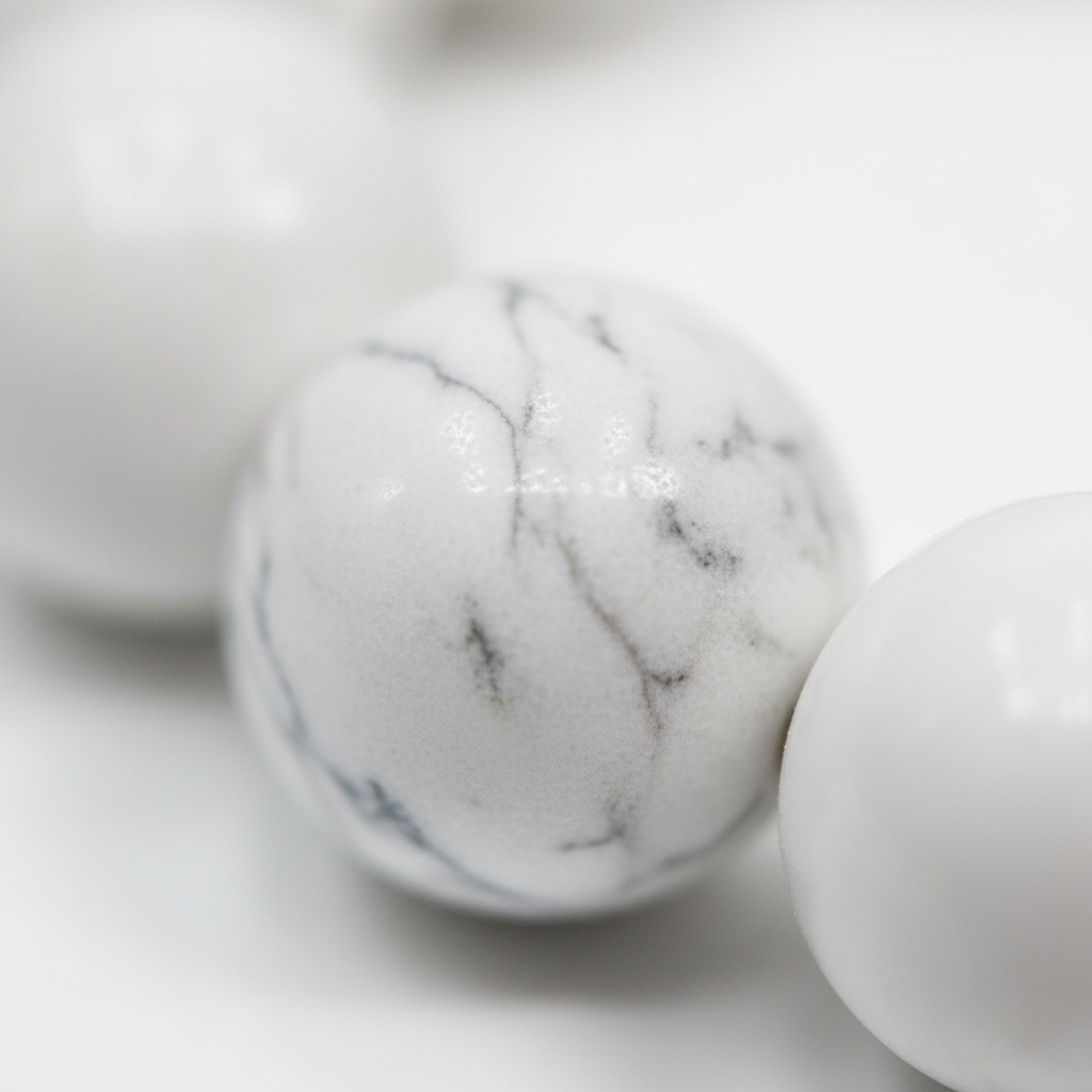 Close-up view of white Howlite 8mm bracelet beads with natural gray veining