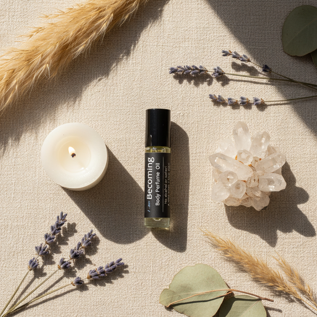 I Am Becoming perfume body oil roll-on bottle in a styled flat lay