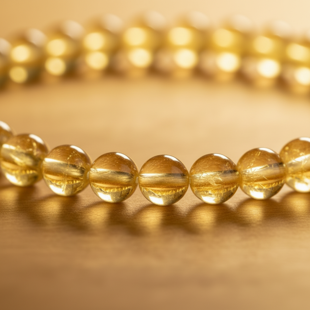 Close-up of Citrine 4mm bracelet beads showing small warm golden yellow translucent stone with natural sunny glow — Prana Blessings