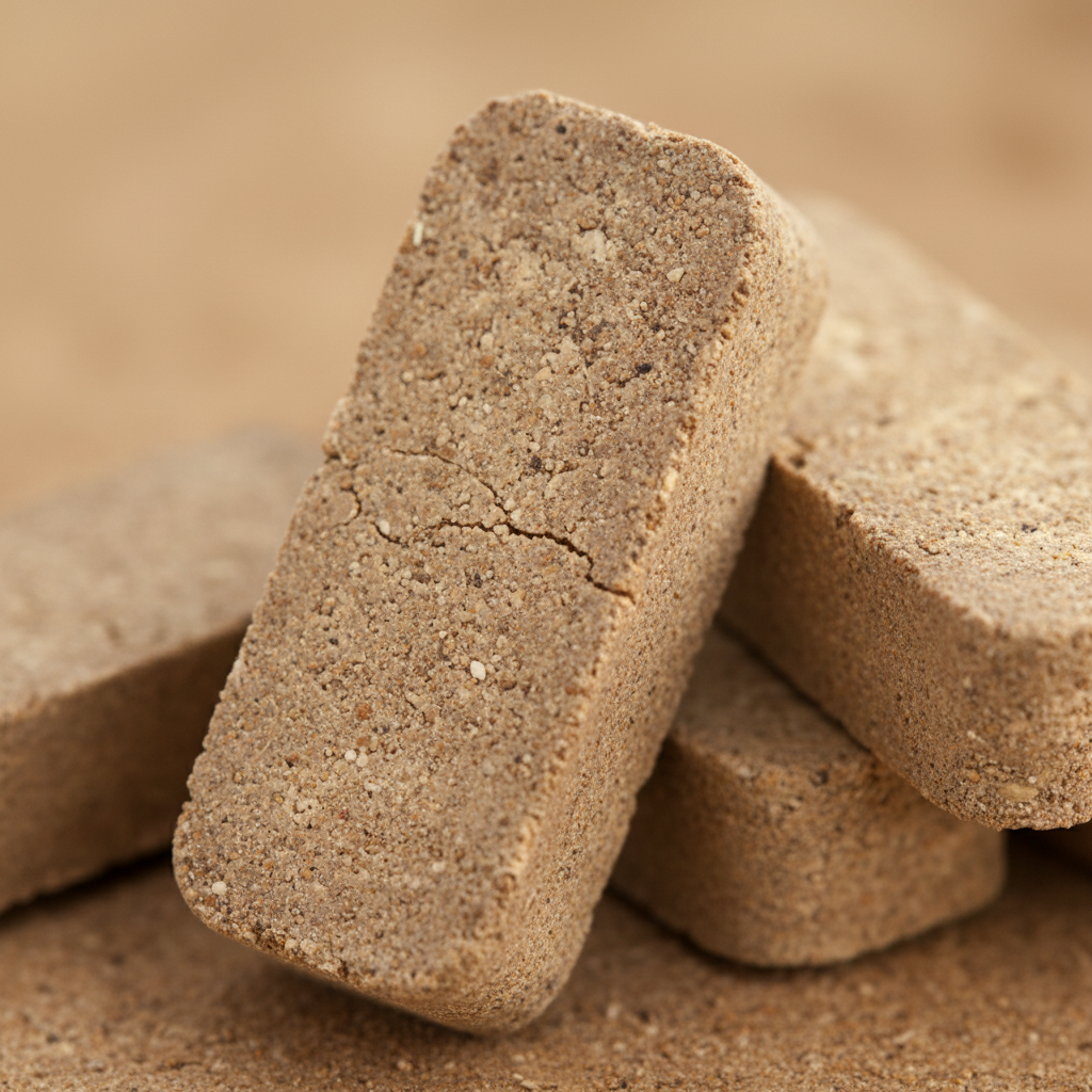 Close-up of natural wood incense bricks showing compressed texture and grain