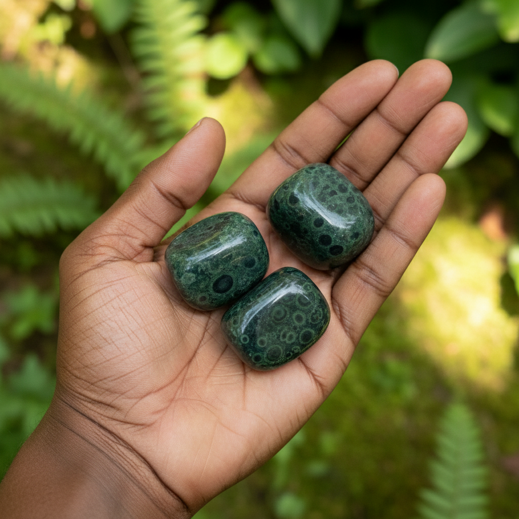 Kambaba Jasper Tumbled Stone displayed in a calm lifestyle setting for scale and styling inspiration.