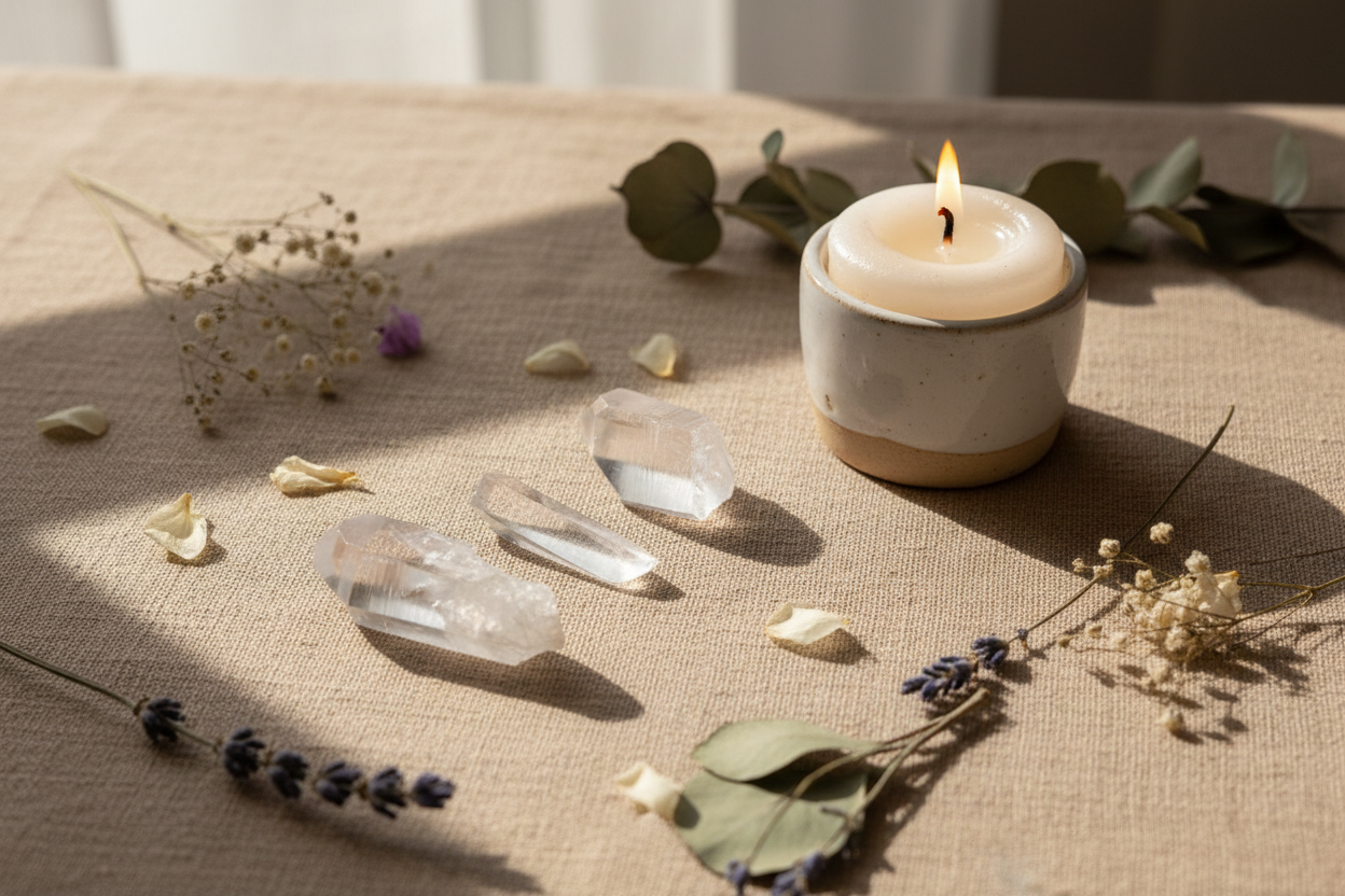 Lemurian Crystal Points 1" - 3" displayed in a calm styled setting