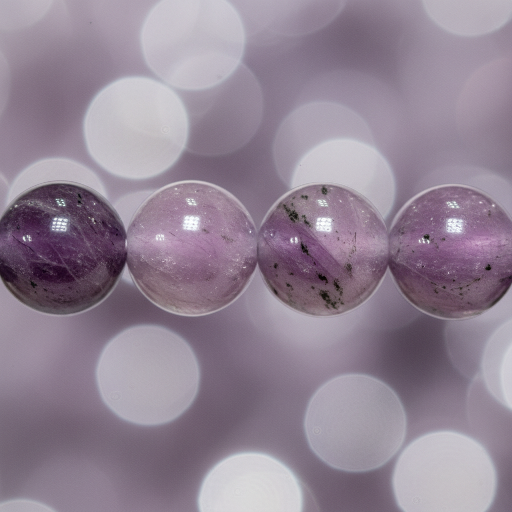 Close-up view of natural Lepidolite bracelet beads with lavender and purple tones