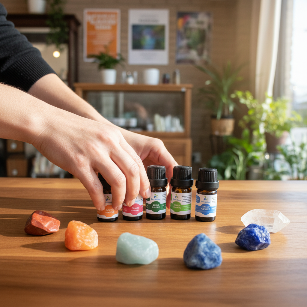 Set of 7 Chakra Oils displayed in an intentional lifestyle setting