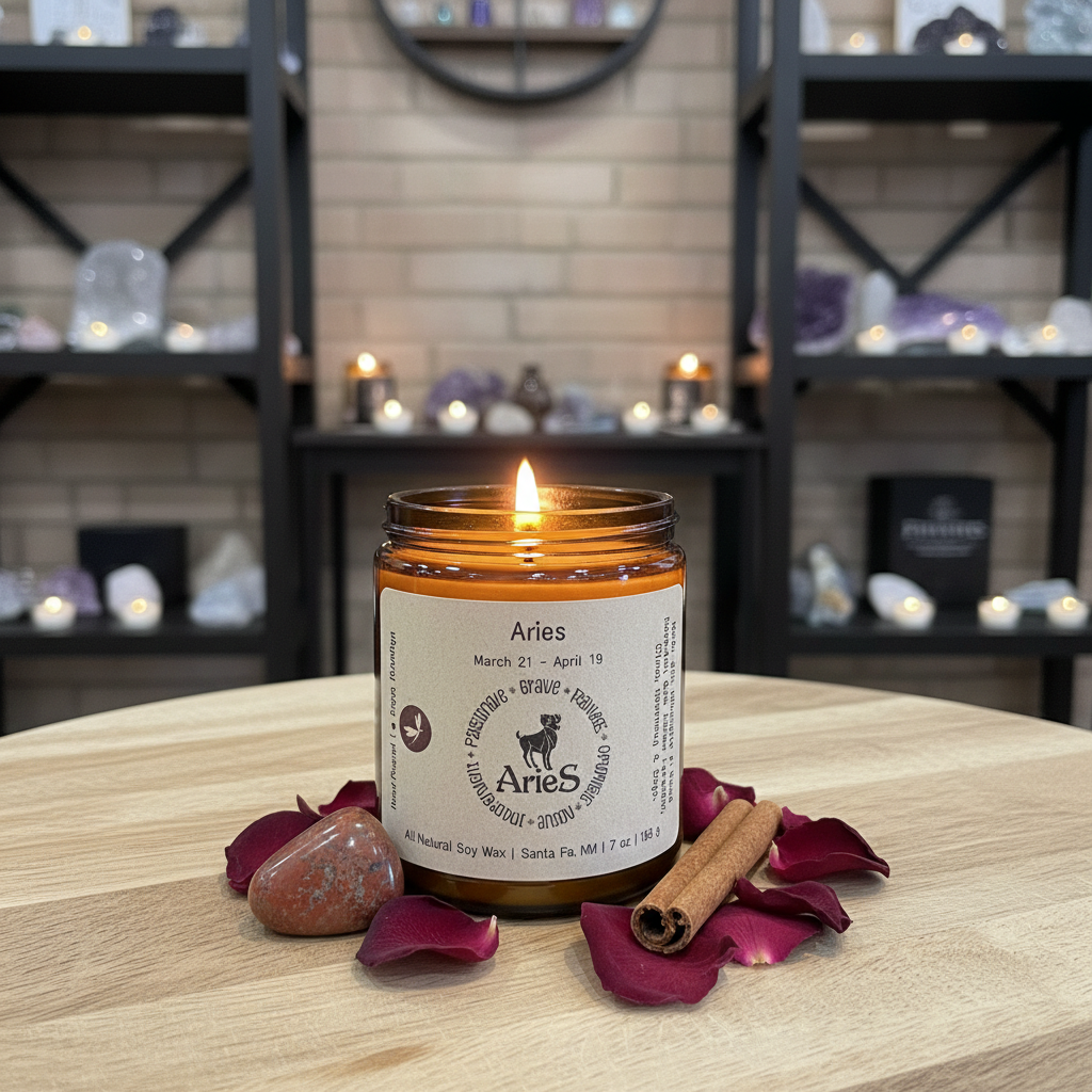Lit Aries Zodiac Candle styled in a warm lifestyle setting