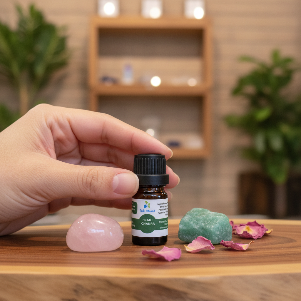 Heart Chakra Oil displayed in an intentional lifestyle setting