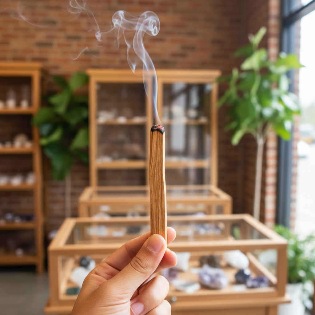 Single Palo Santo wood stick smoldering in a heat-safe holder