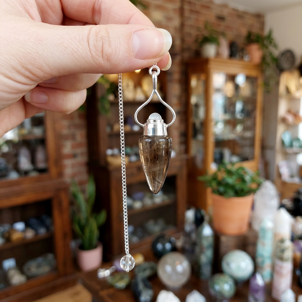 Hand holding the Smoky Quartz sterling silver pendulum in a crystal shop