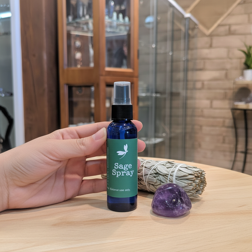 Hand holding a 2-ounce Sage aromatic spray bottle