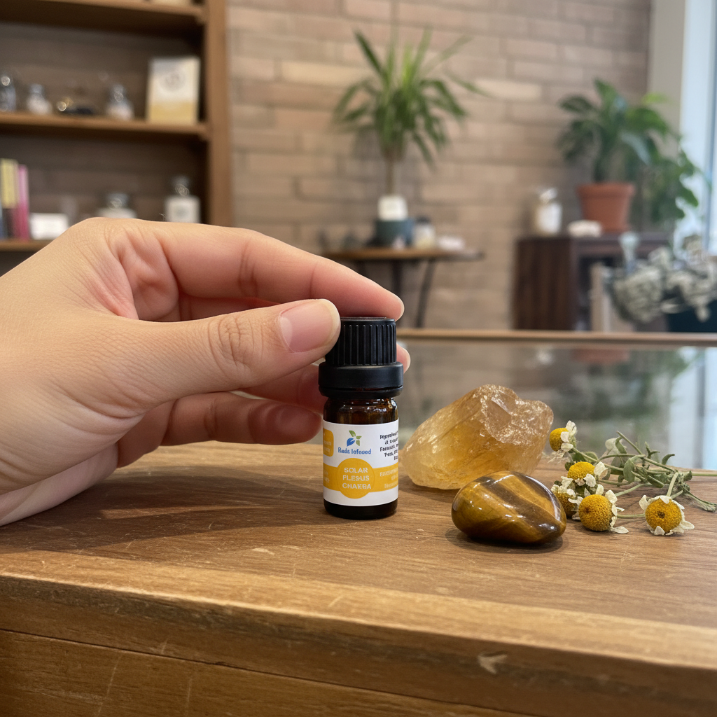 Solar Plexus Chakra Oil displayed in an intentional lifestyle setting