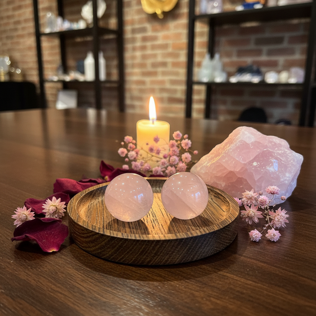 Mini polished pink Rose Quartz spheres displayed in a calm styled setting