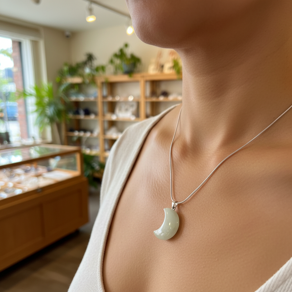 New Jade crescent moon pendant displayed in a styled setting