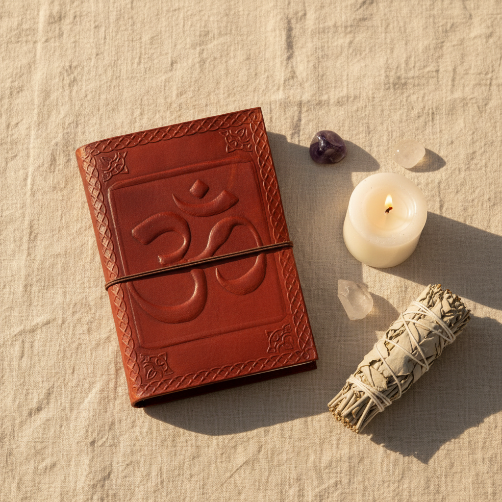 Brown Om leather journal with cord closure in a styled writing setting