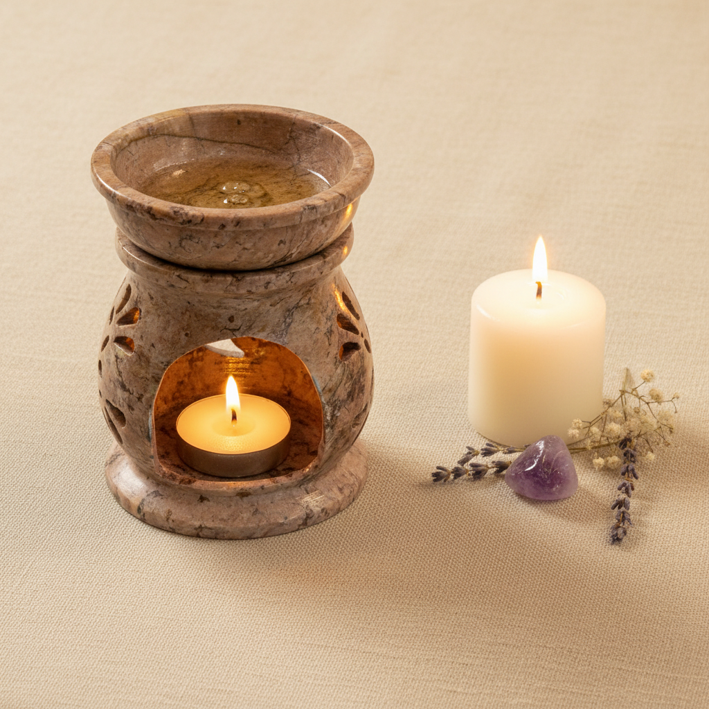 Om soapstone aroma oil burner glowing in a styled home setting