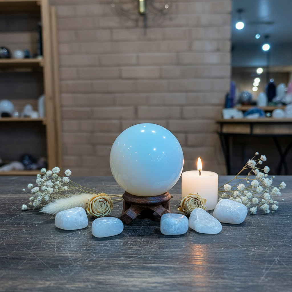 Luminous polished 1.5-inch Opalite sphere displayed in a calm styled setting