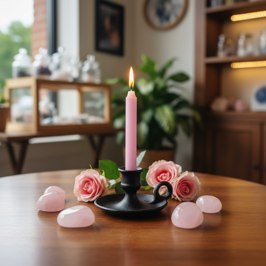 Pink 4-inch ritual chime candle displayed in a black cast iron holder