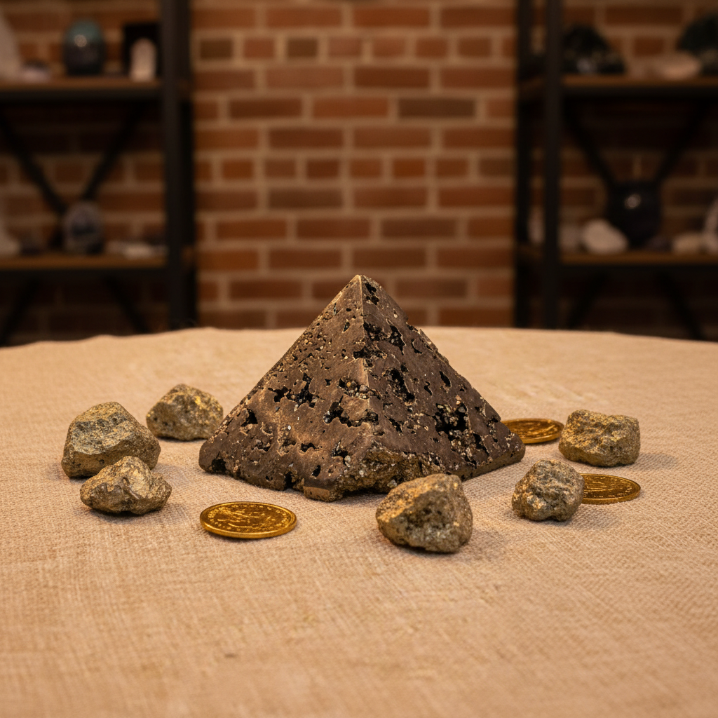 Natural metallic Pyrite geode pyramid with 2.5-inch base displayed in a calm styled setting