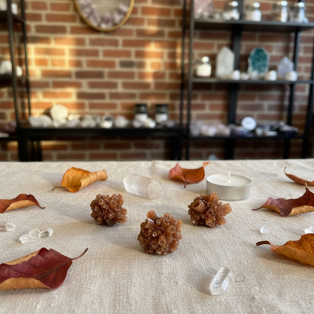 Small natural Red Aragonite star clusters displayed in a calm styled setting